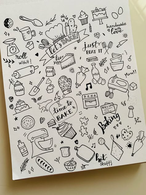 Baking Doodle Art, Baking Sketch Drawings, Baking Drawing Easy, Baking Doodles Drawing, Bakery Doodle Art, Baking Journal Ideas, Baked Goods Drawing, Cooking Drawing Easy, Baking Drawings