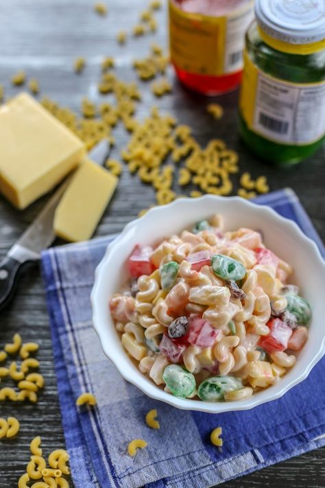 Filipino Sweet Macaroni Salad -  For many the idea of combining Macaroni, Condensed Milk, Mayonnaise, Palm Fruit, Fruit Cocktail and Cheese is quite unusual to say the least but for Filipinos it sounds like a great dessert and we call it Sweet Macaroni Salad. This salad is very popular during the Christmas season and it is a... Macaroni Salad With Cheese, Macaroni Salad Filipino Style, Macaroni Fruit Salad, Sweet Macaroni Salad Recipe, Sweet Macaroni Salad, Recipes With Fruit Cocktail, Macaroni Salad Ingredients, Creamy Macaroni Salad, Chicken Macaroni Salad