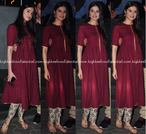 divya-khosla-kumar-at-dangal-screening Maroon Kurti, Divya Khosla Kumar, Divya Khosla, Model Food, Movie Screening, Kurti Palazzo Set, Kurti Palazzo, Kurta Pant Set, Metallic Flats