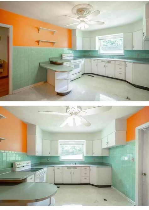 Citrus Theme Kitchen, Retro Kitchen Yellow, Teal Orange Kitchen, Vintage Orange Kitchen, Teal Kitchen Walls, Orange Kitchen Walls, Atomic Kitchen, 1960s Kitchen, Aqua Kitchen