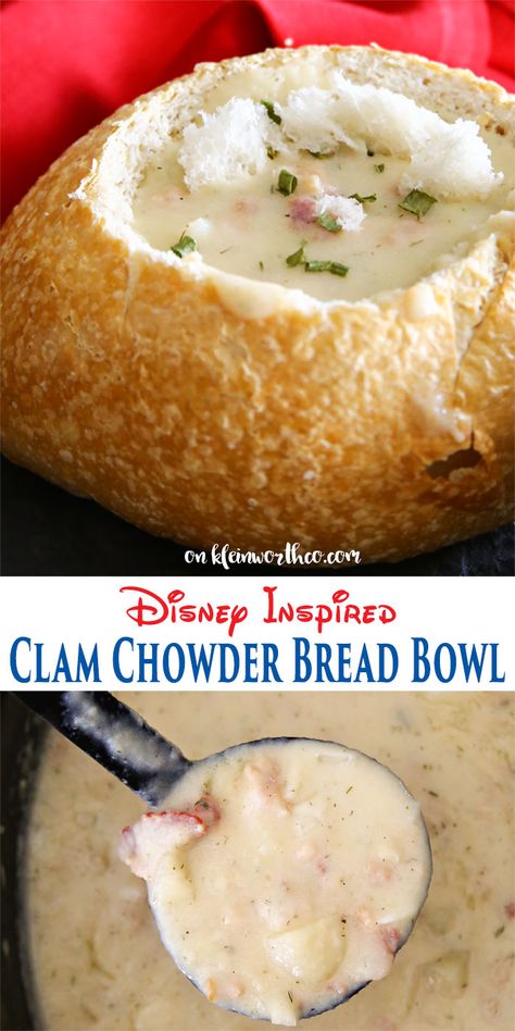 Disney Clam Chowder Recipe, Clam Chowder Bread Bowl, Chowder Recipes Seafood, Seafood Chowder, Crockpot Soup Recipes, Clam Chowder, Bread Bowls, Chowder Recipes, Crock Pot Soup