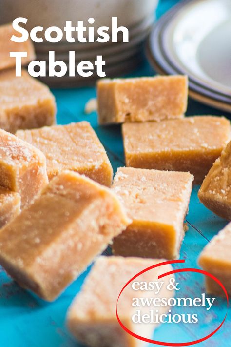 Who's in the mood for something sweet? Scottish Tablet may be the right idea! Scottish Tablet or ‘Taiblet’, in Scots, is a traditional Scottish confection made from sugar, butter and condensed milk. It can also be found under the name of the ‘Swiss Milk tablet’ since condensed milk is sometimes called Swiss Milk.  #scottishrecipe, #traditionalscottishfood, #scottishdessert Scottish Tablet Recipes, Traditional Scottish Food, Scottish Tablet, Tablet Recipe, Scottish Dishes, Food Story, Scottish Recipes, Milk It, Ethnic Food