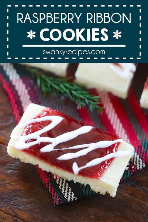 Ribbon Cookies - Sugar cookie ribbons filled with raspberry jam and icing. An easy and tasty Christmas cookie recipe to make for the holidays. Ribbon Cookies, Holiday Recipes Christmas Desserts, Icing Glaze, Christmas Cookie Exchange Recipes, Easy Icing, Christmas Cookie Recipes Holiday, Cookie Exchange Recipes, Christmas Cookie Recipe, Raspberry Cookies