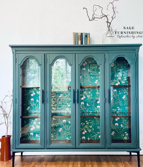 Refinished China Cabinet With Wallpaper, Teal China Cabinet, Dark Green China Cabinet, Refinished Mcm China Cabinet, Wallpaper China Cabinet, Green China Cabinet, Green Milk Paint, Cocktail Cabinets, Flipped Furniture