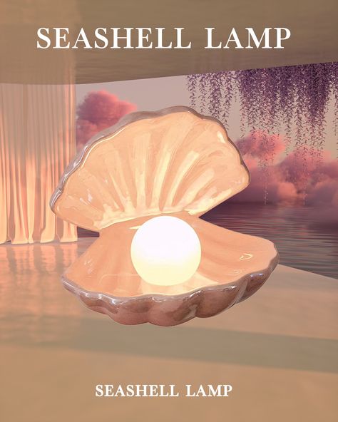 Mermaid Seashell lamp Decor Pearl In Shell, Seashell Lamp, Pastel Interior Design, Lamp Nightstand, Danish Pastel Decor, Mermaid Seashell, Home Decor Pink, Pearl Light, Pastel Interior