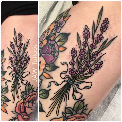 Got to do a little Lavender bunch for @nickidub79 🖤 . Swipe >>> to see the drawing .  #jawtattoos #jessicaannwhite #lavender… Lavender Reference, Wildflower Tattoos, Rosemary Tattoo, Lavender Bunch, Trad Tattoos, Flower Bouquet Tattoo, Traditional Tattoo Flowers, Autumn Tattoo, Lavender Tattoo