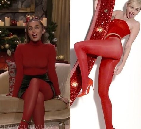 The Tonight Show: December 2018 Miley's sheer red tights Red Dress Red Tights, Red Tights Outfit 2023, Black Dress Red Tights, Colored Stockings Outfit Tights, Red Pantyhose Outfit, Dress Over Turtleneck, Red Dress Black Tights, Red Stockings Outfit, Red Tights Outfit