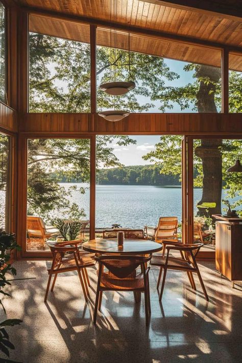 1970s Lake House, Mid Century Chalet, 70s Lake House, Modern Wooden Window Design, Mid Century Sunroom, Mid Century Modern House Interior, Midcentury Cottage, Mid Century Beach House, Mid Century Cabin