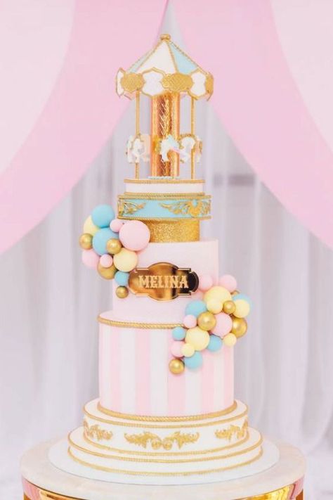 Fall in love with this gorgeous circus-themed birthday party! The cake will blow you away! See more party ideas and share yours at CatchMyParty.com #partyideas #circus #circusparty #girlbirthdayparty #circuscake Pastel Carnival Birthday Cake, Carnival Themed Birthday Cake, Carnival Party Cake, Pastel Circus Birthday Party, Pastel Carnival Cake, Carnival Birthday Party Cake, Carnival Cake Ideas, Carnival Birthday Cake, Carnival Themed Cakes