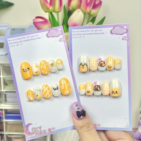 Gudetama Nails, Cozy Nails, Sanrio Nails, Character Nails, Nail Vibes, Drawing Face Expressions, Kitty Items, Pinterest Nails, Drawing Face