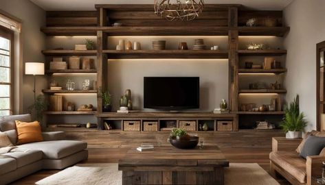 Rustic Built In Shelves Living Room, Rustic Shelving Ideas, Wood Shelving Ideas, Floating Shelves Around Tv, Shelves Around Tv, Reclaimed Wood Wall Panels, Rustic Bookshelf, Future Living Room, Timber Shelves