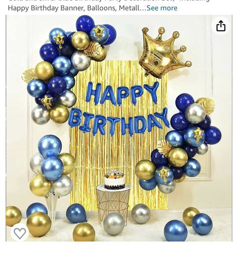 Blue And Gold Birthday Party, Crown Balloon, Blue Birthday Party, Rain Curtain, Silver Balloons, Blue Birthday Parties, Balloon Chain, Silver Balloon, Woman Birthday Party