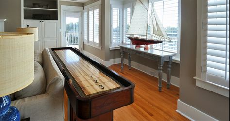 Shuffle Board In Living Room, Shuffle Board, Basement Games, Shuffleboard Table, Game Room Basement, Coastal Living, Sofa Table, Delaware, Living Room Table