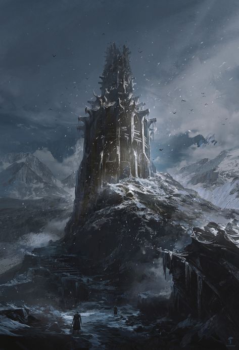 ArtStation - PERS336th / THE TOWER Magic Tower Fantasy Art, Unique Shots, Fantasy Worldbuilding, Tower Illustration, Snow Background, Evil Wizard, Cold Mountain, Mountain City, Castle Tower