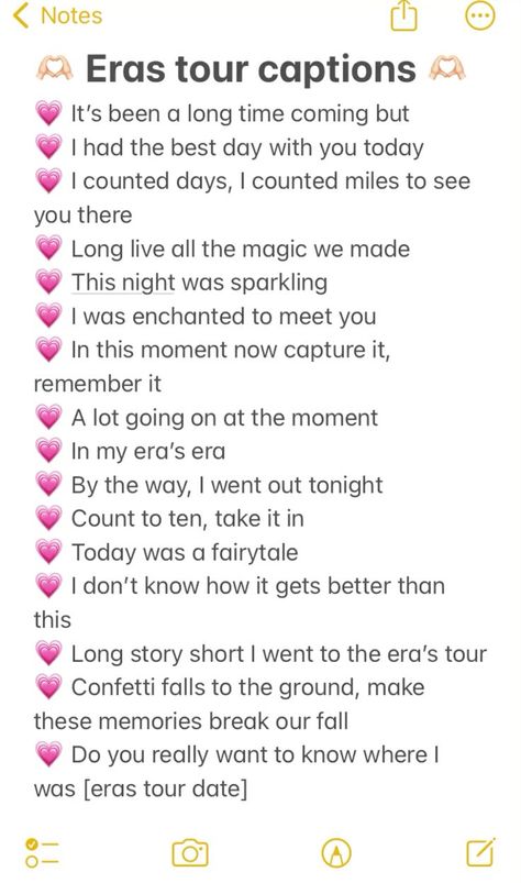 Taylor Swift Birthday Captions Instagram, Going To The Eras Tour, Eras Your Captions, Eras Your Set List, Eras Tour Lyric Outfits, Taylor Swift Concert Captions Instagram, Eras Tour Chants List, Eras Captions, Eras Tour Surprise Songs Tracker