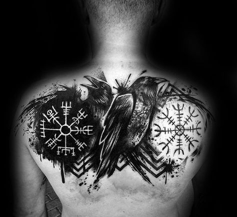 Awesome Black Crow Paint Splatter Viking Compass Mens Back Tattoos Runes Tattoo, Simbols Tattoo, Viking Compass Tattoo, Rabe Tattoo, Viking Tattoo Symbol, Viking Tattoo Sleeve, Vikings Tattoo, Buddha Tattoos, Compass Tattoo Design