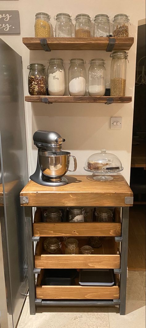 Baker Area In Kitchen, Open Shelving Baking Station, Baking Cupboard Ideas, Kitchenaid Baking Station, Bakery Station At Home, Small Kitchen Baking Station, Baking Nook In Kitchen, Small Baking Station Ideas, Kitchen Baking Station Ideas