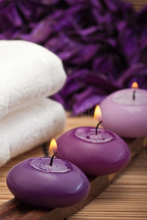 Purple spa relaxation (1). Purple candles with white towel in spa setting (1 #Sponsored , #ad, #SPONSORED, #spa, #towel, #setting, #relaxation Spa Photos, Spa Relaxation, Purple Candles, Sage Candle, Lavender Scented Candle, Purple Love, All Things Purple, White Towels, Lavender Scent