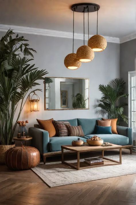 Bohemian living room with eclectic lighting fixtures Energetic Living Room, Eclectic Lighting Fixtures, Living Room Designs Eclectic, Eclectic Family Room, Living Room Inspiration Cozy, Home Fall Decor, Tropical Living Room, Fall Home Decor Ideas, Eclectic Lighting