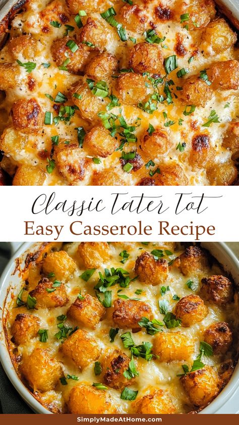 This Classic Tater Tot Casserole is the ultimate comfort food! With layers of creamy goodness, savory ground beef, and a crispy tater tot topping, it’s perfect for family dinners or gatherings. Easy to make and packed with flavor, it's sure to become a crowd favorite. Save this recipe for a cozy night in or a potluck event! Sweet Potato Tot Casserole, Classic Tater Tot Casserole, Easy Tater Tot Casserole Simple, Tater Tot Casserole Vegetarian, Tatertot Casserole Recipe Beef, Recipes Using Tater Tots, Healthy Tater Tot Casserole, Tater Tot Casserole With Ground Beef, Ground Beef Tater Tot Casserole