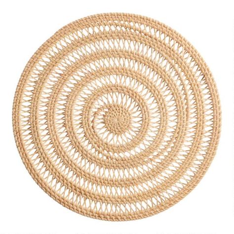 Round Natural Rattan Spiral Woven Placemat | World Market Papasan Chair Frame, Linen Table Settings, Rattan Placemat, Rattan Placemats, Table Chargers, Woven Placemat, Outdoor Dining Tables, Woven Placemats, Cost Plus World Market