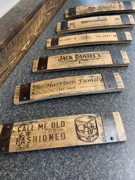 Have a piece of history into your home with our Custom Engraved Authentic Barrel Stave! Handcrafted from genuine reclaimed oak barrels, each stave is a one-of-a-kind piece full of rustic charm and character. Features: Authentic Material: Made from genuine oak barrel staves, each with unique grain patterns. Custom Engraving: Personalize with names, dates, quotes, or special messages (up to 30 characters). Versatile Decor: Perfect for wall art, home bars, weddings, and gifts. Eco-Friendly: Crafted Whiskey Stave Ideas, Whiskey Barrel Stave Ideas, Beer Canoe, Gift Ideas For Clients, Barrel Crafts, Dates Quotes, Wine Barrel Crafts, Character Features, Wall Decor Interior Design