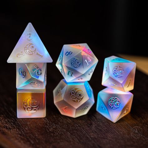 Raised Full Set Dichroic Glass Polyhedral Dice Set Gemstone - Etsy Australia Cool Dnd Dice, Pretty Dice, Prism Light, Dice Goblin, Light Refraction, Dragon Dies, Dnd Dice Set, Dungeons And Dragons Dice, Dice Tray