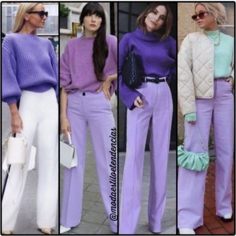 Outfit With Purple Pants, Purple Pant Outfits, Lilac Pants Outfit Color Combos, How To Style Purple Pants, Purple Pants Outfit Work, Violet Pants Outfit, Purple Combination Outfits, Violet Outfit Ideas, Purple Trousers Outfit