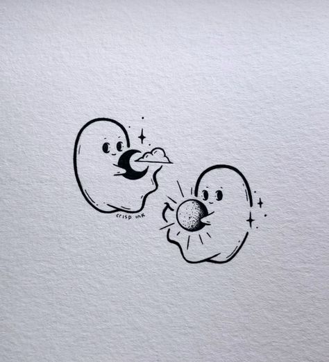 Cute Ghost Couple Tattoo, Cute Doodle For Boyfriend, Cute Ghost Couple Drawing, Small Matching Bestie Tattoos, Best Friend Spooky Tattoos, Ghost Friend Tattoos, Gost Drawings Halloween, Wholesome Tattoos, Ghost Matching Tattoos