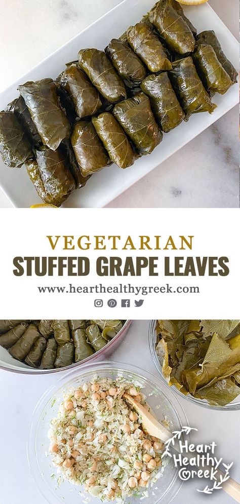 This recipe for Vegetarian Stuffed Grape Leaves is bursting with Mediterranean flavors! The stuffing is made with a rice and chickpea mixture and of course lots of lemon. Enjoy these little packages as an appetizer or side dish. #greekrecipes #mediterraneandietrecipes #stuffedgrapeleaves #vegetarianrecipes #appetizerrecipes Healthy Greek Recipes, Grape Leaves Recipe, Appetizers Vegetarian, Greek Appetizers, Vegan Wedding Cake, Stuffed Grape Leaves, Middle East Recipes, Vegan Wedding, Egyptian Food