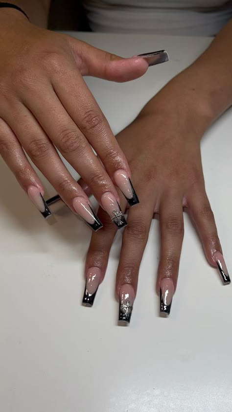 Black French Tips With Cross Charms, Almond Nails With Cross Charm, Black French Tip Nails With Cross, Black Nails With Cross Charm, Crosses On Nails, Black French Tip Chrome, Black And Silver Chrome Nails, Chrome And Black Nails, Chrome Cross Nails