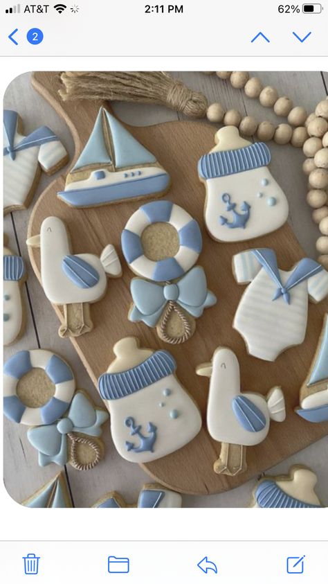 Ahoy It’s A Boy Cookies, Ahoy Its A Boy Cake, Nautical Baby Shower Cookies, Nautical Cookies Decorated, Ahoy Its A Boy Baby Shower Ideas, Sailor Baby Shower Theme, Baby Shower Cookies For Boy, Fondant Biscuits, Decorator Cookies