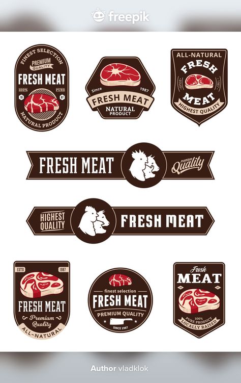 Meat store labels with steak and farm animals icons Premium Vector Meat Label Design, Meat Logo Design Ideas, Meatshop Logo, Meat Shop Logo Design, Carnicerias Ideas Logos, Meat Logo Design, Steak Logo, Meat Branding, Meat Logo