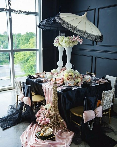 Paris Theme Gala, Paris Centerpieces, Paris Theme Wedding Reception, Evening In Paris Prom Theme, A Night In Paris Centerpieces, Black And Gold Paris Theme Party, Paris Theme Flower Centerpieces, Paris Theme Centerpieces, Chanel Birthday Party Decoration