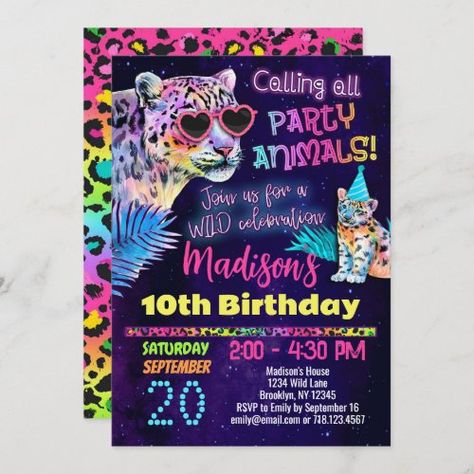 $3.03 | Rainbow Leopard Party Animal Birthday invitation #rainbow leopard birthday invitation girl, cheetah pattern birthday invitations, party animals birthday invitation, girls party animals birthday invitation, party animals invitation for girl, leopard birthday party invitation, rainbow party animals invitation, girls party animals invitation, cute cheetahs birthday invite, colorful leopard pattern birthday invite Neon Leopard Birthday Party, Lisa Frank Invitations, Lisa Frank Birthday Party Invitations, Lisa Frank 30th Birthday Party, Rainbow Cheetah Birthday Party, Lisa Frank Party Ideas, Fourever Wild, Leopard Birthday Party, Cheetah Birthday Cakes