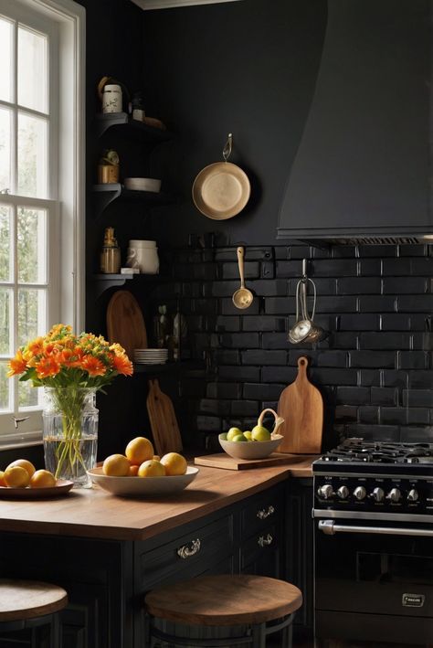 home decor interior design, interior bedroom design, kitchen designs, living room interior Black Accent Wall Kitchen, Dark Kitchen Walls, Black Kitchen Walls, Grey Walls Kitchen, Light Oak Floors, Magnetic Paint, Black Accent Walls, Dark Grey Walls, A Daily Routine