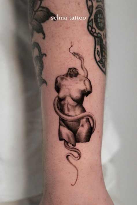 Black and grey micro realism statue and snake tattoo on the arm Body Statue Tattoo, Cool Realism Tattoos, Tattoos Over Stretch, Small Microrealism Tattoo, Black And Gray Realism Tattoos, Realism Small Tattoo, Micro Realism Tattoos, Micro Real Tattoo, Arachne Tattoo