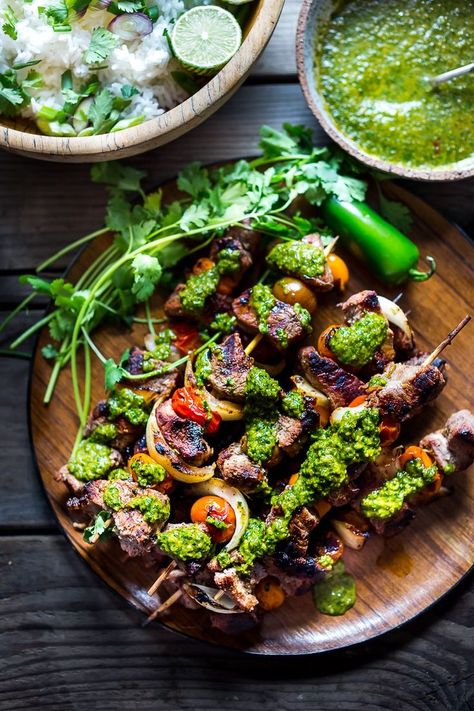 Feasting At Home, Canh Chua, Fruit Kebabs, Cilantro Rice, Beef Skewers, Beef Kabobs, Kebab Recipes, Chimichurri Sauce, Wooden Plate