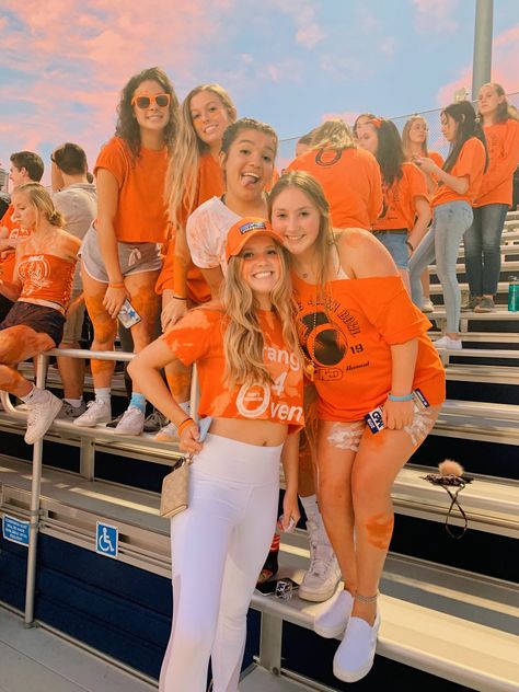 Orange Team Spirit Outfits, Orange Football Game Outfit, Orange And Black Spirit Day Outfit, Orange School Spirit Outfits, Orange Spirit Day Outfit, Usa Football Theme Outfit Highschool, Orange Out Football Game Outfit, High School Football Game Outfit, Game Day Outfit Orange