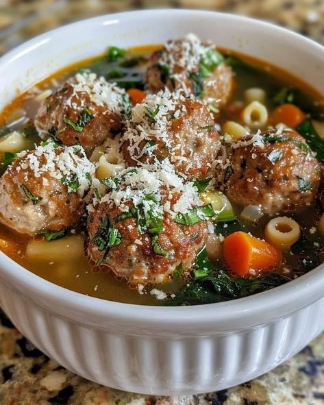 Giada De Laurentiis 🍕🍜 | Italian Wedding Soup 🇮🇹🍲😍 | Facebook Italian Soups, Giada Recipes, Full Recipes, Wedding Soup, Bobby Flay, Giada De Laurentiis, Italian Wedding, Parmesan Cheese, Grated Parmesan Cheese