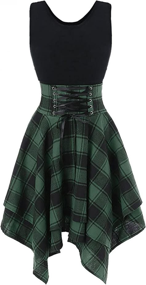 Green And Black, Plaid Dress, Cold Shoulder, Lace Up, Plaid, Skirt, Lace, Green, Dresses