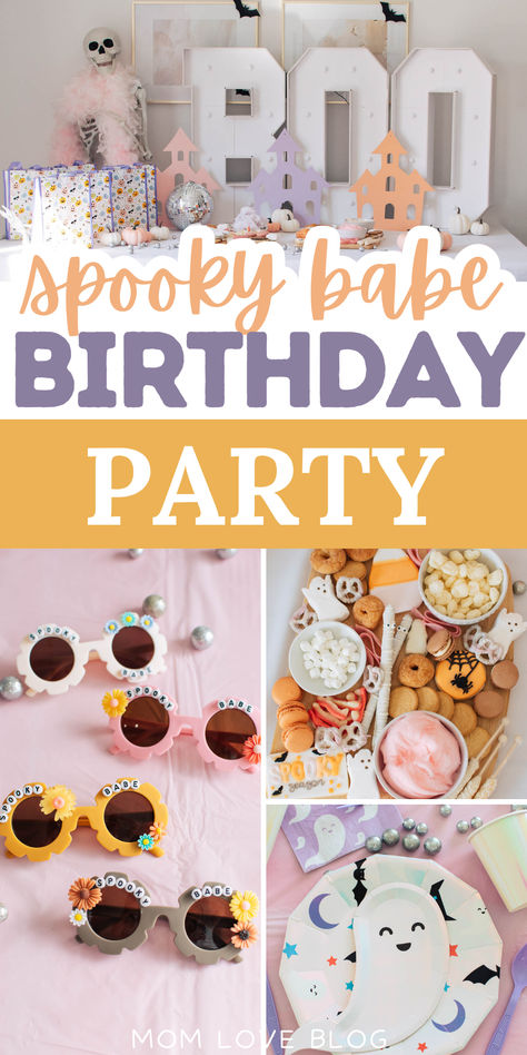 Pinterest graphic with photo collage and text that reads "here four the boo crew birthday party." Shimmer Birthday Party Ideas, 4 Ever Spooky Birthday Party, Spooktacular Birthday Party Girl, Fall Toddler Birthday Party, Seven Year Old Birthday Party Ideas, One Spooky Babe Birthday, Four Ever Spooky Birthday Party, Halloween Birthday Food, Girls Halloween Birthday Party