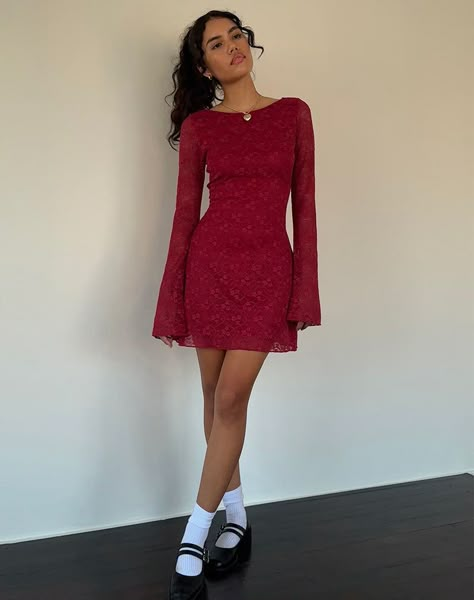 Sevila Long Sleeve Mini Dress in Deep Red Lace Short Long Sleeve Dress Casual, Short Red Dress With Sleeves, Flared Sleeves Dress, Flare Long Sleeve Dress, Mini Flared Dress, Long Sleeve Dress Graduation, White Lace Mini Dress Long Sleeve, Flared Long Sleeve Dress, Deep Red Clothes