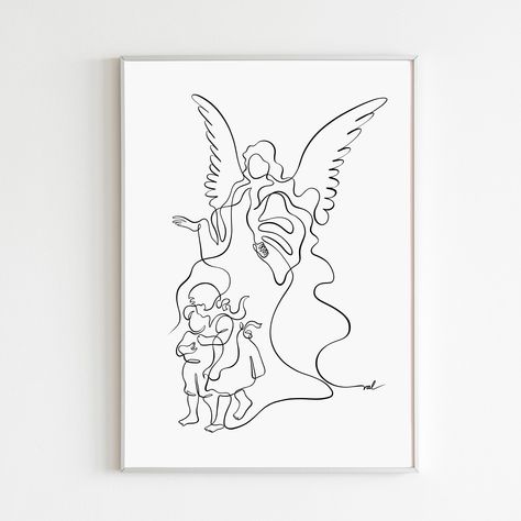 Guardian Angel Art Print Modern Christian Art Baptism Gift Boy Catholic Protection Digital Download Angel With Children Poster Guardian Angel Drawing, Line Art Angel, Angel Line Art, Angel Baby Drawing, Guardian Angel Art, Modern Christian Art, Bible Wall Art, Angel Drawing, Viking Symbols