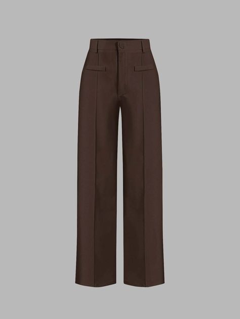 SHEIN MOD High Waist Straight Leg Pants | SHEIN USA Soft Feminine Outfits, Korean Pants, Brown Slacks, Brown Dress Pants, Tailored Clothes, Plain Pants, Brown Trousers, Slacks For Women, Desi Fashion Casual