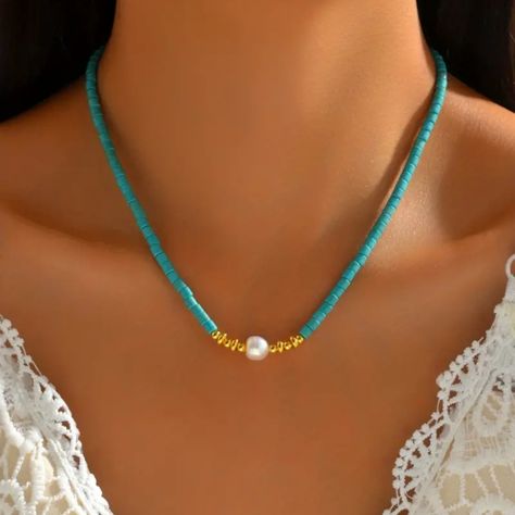 Cute, But Elevated, 18k Gold Plated Choker Necklace In Turquoise Mix Is A Trendsetter's Secret Weapon To Nailing A Cool-Meets-Chic Style.This Choker Necklace Is A Playful Piece That'll Freshen Up Any Look.The Perfect Gift For The One You Love. Item Details: * Process: Handmade * Item Type: Choker Necklace * Plated: 18k Golden Plated * Natural Stone: Turquoise * Mosaic Material: Fresh Water Pearl * Main Material: Fresh Water Pearl * Style: Elegant,Vacation * Closure: Lobster Clasp * Quantity: 4 ( Elegant Turquoise Stone Jewelry, Chunky Stone Necklace, Large Pearl Necklace, Turquoise Stone Jewelry, Turquoise Jewelry Set, Chokers Necklace, Homemade Necklaces, Beaded Boho Necklace, Coastal Jewelry