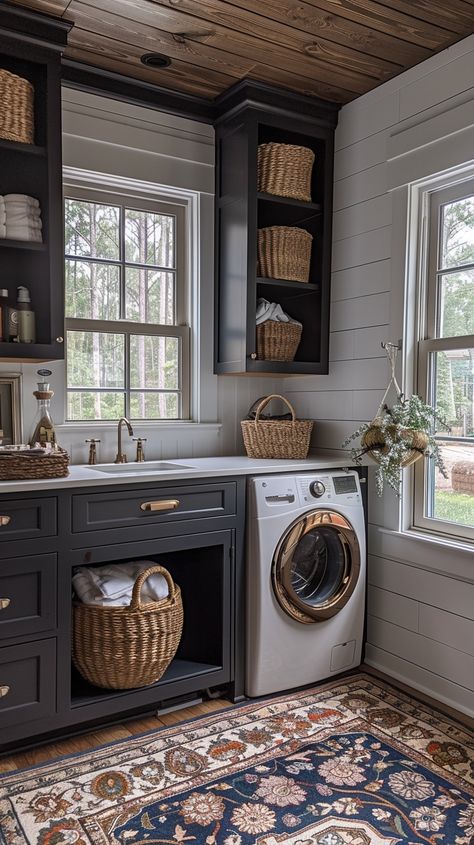 Transform your laundry space with these 44 stunning laundry room ideas to inspire you! From clever storage solutions to stylish design tips, discover how to make your laundry room both functional and beautiful. 🧺✨ #LaundryRoom #HomeInspiration #InteriorDesign Laundry Room On Pedestals, Dark Colored Laundry Room, Laundry Utility Room Design, Laundry Room With Dark Appliances, Laundry Room With Black Cabinets, Laundry Room Design Rustic, Laundry Room Diy Ideas, Laundry Entry Room Ideas, Moody Laundry Room Ideas