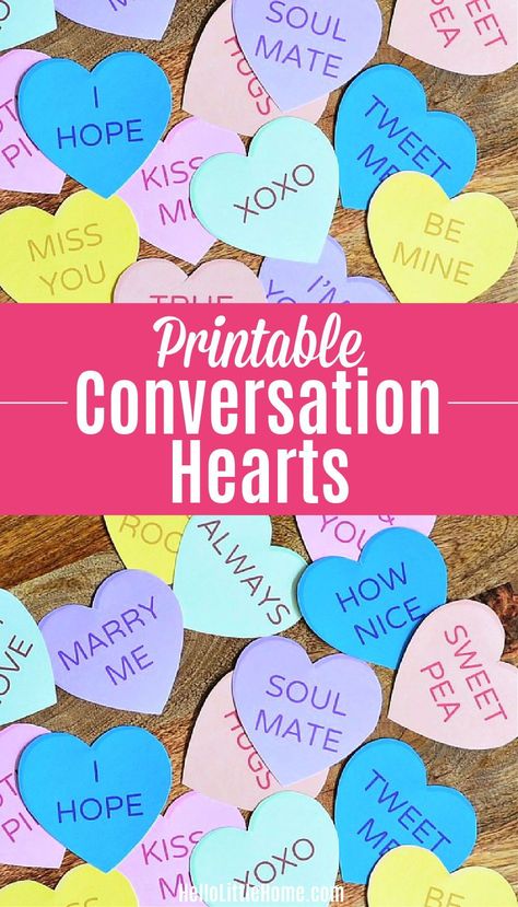 Looking for creative Valentine’s Day Ideas? You’ll LOVE these Free Printable Conversation Hearts inspired by the original SweetHearts Candy with cute + funny sayings! Simply cut out the Hearts Printable, then make a Heart Banner, Valentine’s Day Cards, Gift Tags, more! These DIY Conversation Hearts are a sweet Valentine's Day Craft and Decorating Idea that’s fun for kids and adults alike. Great for parties too, and the Printable Hearts are also available in Spanish! | Hello Little Home Conversation Heart Candy Crafts, Candy Hearts Printable, Conversation Heart Centerpieces, Funny Conversation Hearts Sayings, Funny Candy Hearts Sayings, Small Hearts Template Free Printable, Craft Heart Ideas, Conversation Heart Crafts For Kids, Felt Hearts Crafts Valentines Day