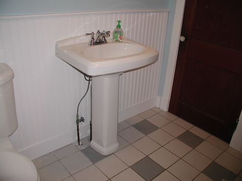 Hello, I am wondering if it is possible to install a pedestal sink when the water supply lines come up through the floor instead of out through the... Pedestal Sink Plumbing Cover, How To Build A Vanity Around A Pedestal Sink, Build Around Pedestal Sink, Pedastal Sink Skirt, Vintage Pedestal Sink, Pedastal Sink, Open Bathroom Vanity, Anchor Bathroom, Toto Promenade Pedestal Sink