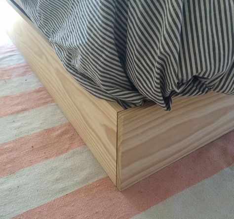 DIY Faux Bed Frame | Design*Sponge Faux Bed Frame, Bed Frame Leg Covers, Diy Box Spring, Apartment Refresh, Bed Frame Legs, Pallet Bed Frames, Box Spring Bed Frame, Box Spring Cover, Sweet House